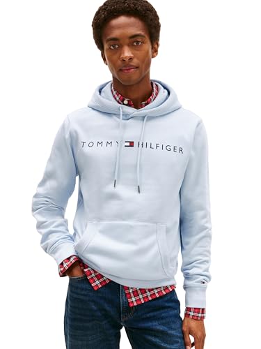 Tommy Hilfiger mens Long Sleeve Fleece Logo Pullover Hoodie Hooded Sweatshirt, Skyway, X-Small US