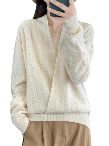 Womens 100% Merino Wool Wrap V Neck Sweater Long Sleeve Jumper Soft Loose Casual Pullover Tops