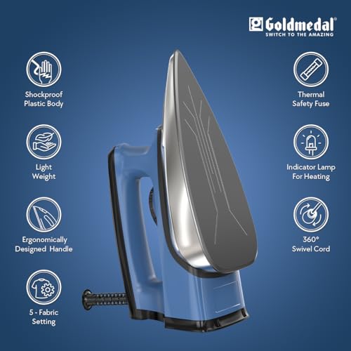 Image of Goldmedal Zoro 1100W Dry Iron| Non-stick Premium Triple Coated Soleplate| 5 Fabric Setting|1.8 Meter Cord|360 Swivel Cord| Indicator Lamp for Heating| 2.5 Years Warranty| Light Weight (Blue)