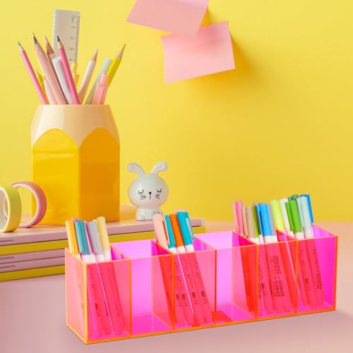 Image of Jetec Acrylic Pen Holder 6 Compartments Makeup Brush Stationery Organizer Pencil Holder for Desk Accessories, Cosmetic Brushes, Dorm, Home, Bathroom, Kitchen, Office Supplies(Neon Pink)