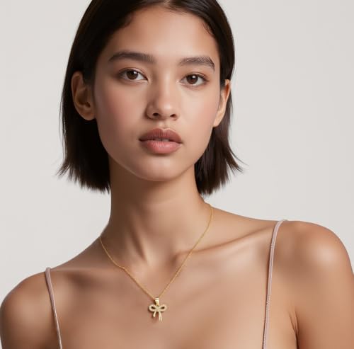 Image of Reffeer Solid 925 Sterling Silver CZ Bow Necklace Chain for Women Teen Girls Crystal Bow Pendant Necklace Choker Bowknot