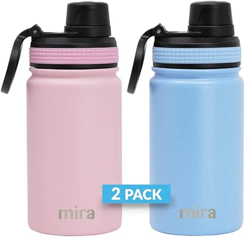 MIRA Paquete de 2 botellas de agua de acero inoxidable de 12 onzas para niños termo de metal que mantiene el frío durante 24 horas caliente durante