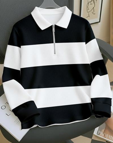 Image of Mens Stylish Half Zip Tshirt, Texture Striped Casual T-Shirt for Men, Formal Collared Neck Full Sleeves T-Shirt for Boys