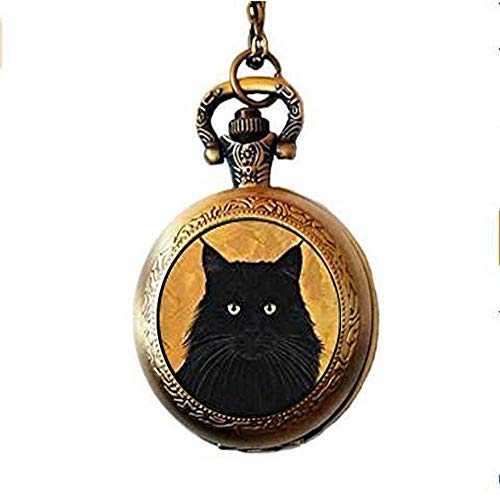 Preisvergleich Produktbild Katzen-Taschenuhr, mit Halskette, mit schwarz-Schmuck-Geschenk, Geschenk für Katzenliebhaber
