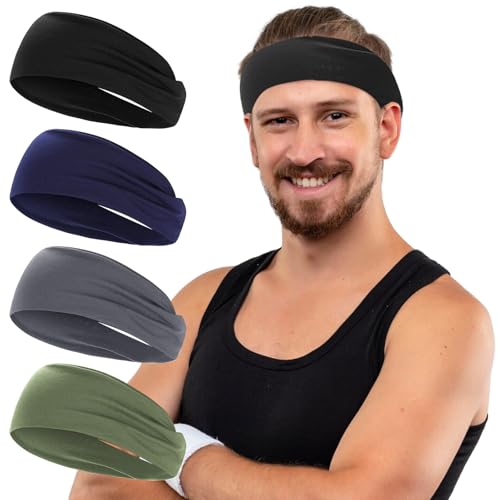 4 Stück Stirnband Herren, Elastisch Breites Haarband Sport Männer Atmungsaktiv Schweißband Stirn rutschfest für Fitness Laufen Basketball (Schwarz, Dunkelgrau, Marineblau, Armeegrün)