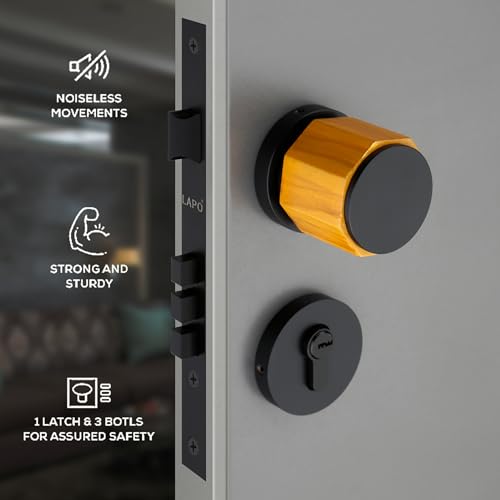 Image of LAPO Sturdy Brass Mortise Door Lock | Superior Handleset with 3 Keys for Main Door, Bedroom & Hotel | Black Finish | Long-Lasting Security | 3 Years Warranty Ro-158