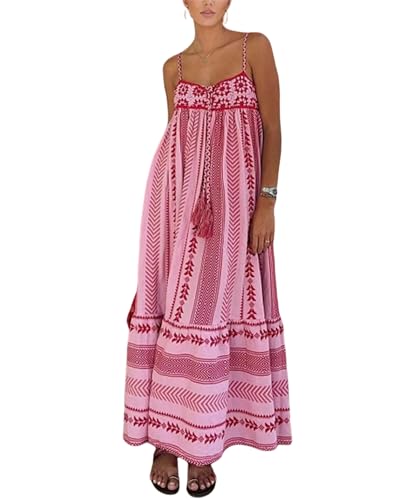 Image of Yuemengxuan Boho Maxi Dresses for Women Spaghetti Strap Flowy Smocked Long Dress Casual Summer Vacation Beach Maxi Dress