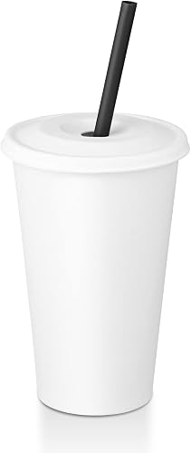 KTOB [16 oz. - 50 sets] Disposable Paper Cups with Paper Lids and Compostable Straws, Eco Friendly Non-Plastic Recyclable Cups with Covers for Iced Coffee