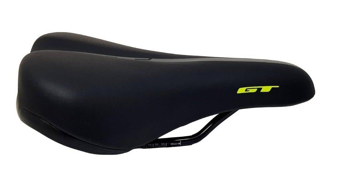 Junior GT MTB Kids Bike Padded Saddle 230mm X 150mm Black With Yellow GT Symbol (With Saddle Clamp)