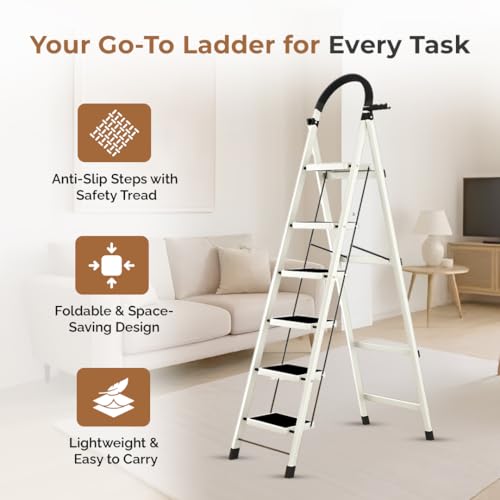 Image of HomeEssentials Foldable Ladder for Home | Heavy-Duty Steel with Large Platform | Wide Non-Slip Rubber Feet | Secure Lock Mechanism (6 Step)