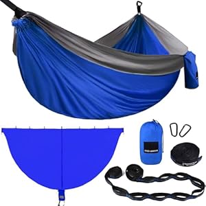 Gold Armour Camping Hammock with Bug Net – XL Double Hammock Portable Hammock Camping Accessories Gear Mosquito Bug Net Set for Outdoor Indoor, USA Based Brand (Blue & Gray)