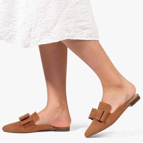 Image of MUSSHOE Mules for Women with Bow Knot: Pointed Toe Flats - Cloud-Cushion Suede Backless Loafers for Office & Casual Wear - Wide-Fit Friendly Slip On Slides with Memory Foam