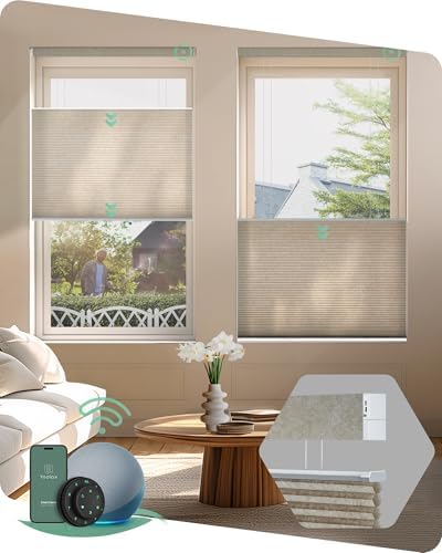 Yoolax Smart Top Down Bottom Up Cellular Shades Compatible with Alexa Google Motorized Cordless Honeycomb Blinds for Indoor Windows Custom Size TDBU Shades (Light Filtering Coffee)