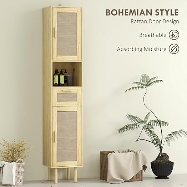 HOMCOM 3-Piece Bathroom Storage Cabinet Set, Boho Bathroom Cabinets with Rattan Doors, Adjustable Shelves, Open Shelves and Drawer for Small Space, Distressed Oak