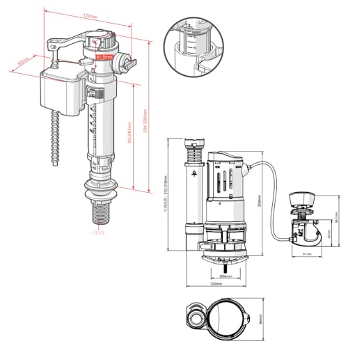 Doppelspülventil mit Kabel,Universal Cistern Filling Valve,Ablaufventil,für WC-Spülung Flush 3/6 Liter,Wasserersparnis zu Erreichen,Geräuscharm,Schnelle,Einfache Installation (einteilige Toiletten)
