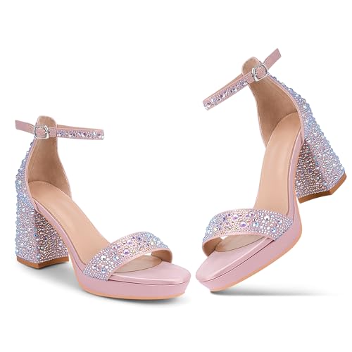Women's Sparkly Rhinestone Platform Block Heel Sandals Ankle Strap Open Toe Party Wedding Shoes4