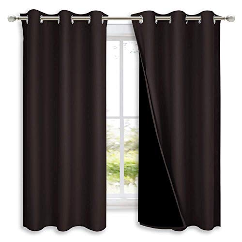 Image of NICETOWN 100% Blackout Short Curtains with Black Liners, 2 Panels, 37 inch W by 60 inch L, Toffee Brown, Solid Thermal Insulated Full Blackout 2-Layer Lined Drapes, Energy Efficiency Window Drapes for Bedroom