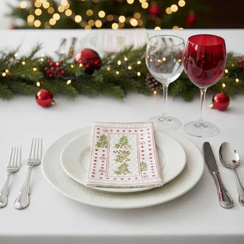 Set de servilletas de algodón, 100 unidades, patrón festivo rojo y verde miniatura 7