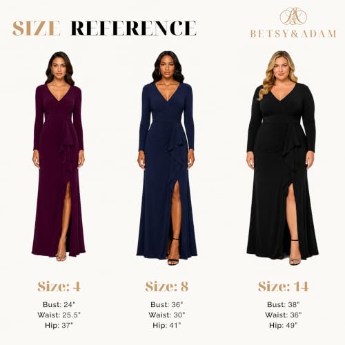 Image of Betsy & Adam Women's Long Sleeve V-Neck Jersey Knit Formal Evening Gown with Side Slit and Cascading Ruffle Detail