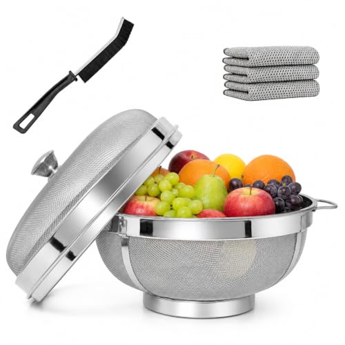 Image of 11 InchStainless Steel Fruit Basket with Lid | Includes Free Cleaning Brush and Multi Fiber Cloth | Fruit & Vegetable Storage Basket for Kitchen & Dining Table (Medium 11 Inch)