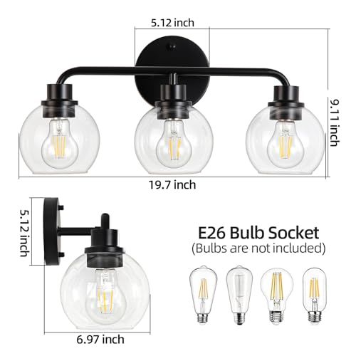 Image of Bathroom Light Fixtures Black Vanity Light, 3 Light Modern Wall Sconces Lighting Bathroom Lights with Globe Clear Glass Shades, Bath Wall Lights Wall Lamp for Mirror Kitchen Living Room Hallway | Wall Sconces Lighting with Globe Clear Glass Shades, Bath Wall Lights Wall Lamp for Mirror Kitchen Living Room Hallway