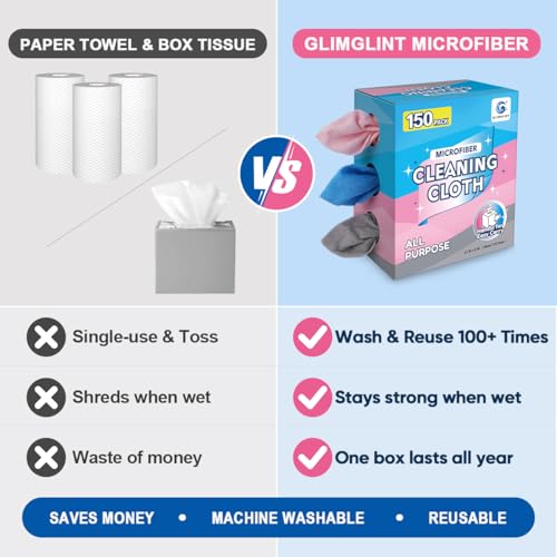 Image of GLIMGLINT Microfiber Cleaning Cloth 150 Pack, Reusable Paper Towels 11 x 9 | Lint Free & Absorbent Cleaning Rags for Car, Home, Kitchen, Glass & Screen, Washable Shop Towel with Box, Pink /Blue /Grey
