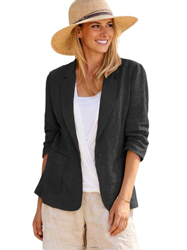 Image of Mina Self 2026 Summer Women's Linen Blazer Jacket - Lightweight Breathable 3 /4 Stretchy Ruched Sleeve Casual Work with Pocket