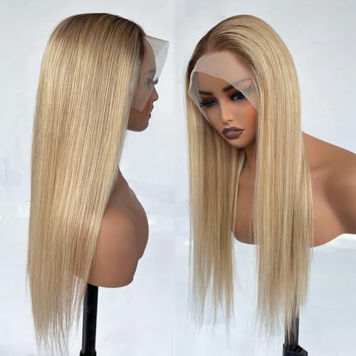 Image of Munx Ash Blonde Highlight Wig Human Hair, 180 Density 13x6 Hd Balayage Wigs Human Hair for Women Brown Highlight Lace Front Wig Pre Plucked Straight Lace Front Wigs 16 Inch