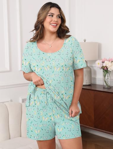 Image of Womens Plus Size Pajama Sets 2 Piece Summer Outfits Short Sleeve Tops Shorts with Pockets for Lounge Sleepwear