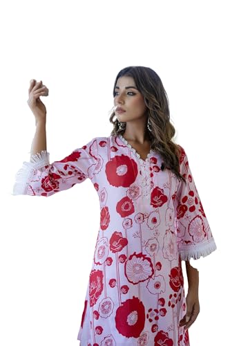 Lookmark Women's Printed Cotton Blend Straight Kurta Pant Set With Lace - Comfortable Ethnic Wear For Women, Elegant Design, Suitable For Various Occasions (Az-Lm-P8-Ks2118 Red-Xxl)