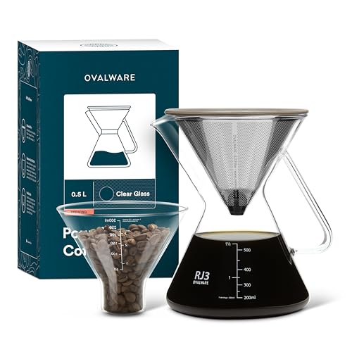 ovalware Pour Over Kaffeebereiter-Set | 0,5 l Borosilikat-Karaffe mit 304 Edelstahl-Filter und Präzisionsmessbecher | Glas-Kaffeetropfer für Heimbrauen