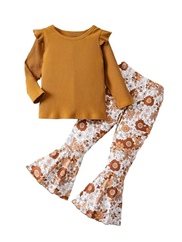 Image of OYOANGLE Girls' 2 Piece Outfits Rib Knit Ruffle Trim Long Sleeve Tee Shirt and Flare Leg Pants
