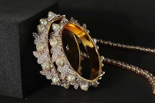 Image of LAVAZZA Stylish Butterfly Design Golden Metal with Zircon Diamond & Pearls Moti Bangles Kada For Women & Girls | Traditional Girl's Bangles Bracelet | Women's Kangan Wedding, Party-Set of 2