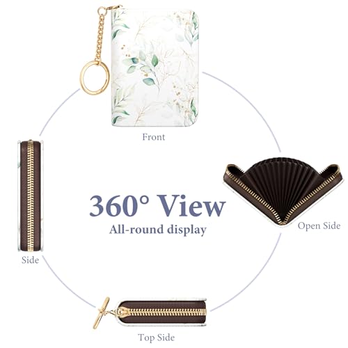 Image of Credit Card Holder RFID Wallet for Women, Small Leather Card Organizer Case with Zipper and Keychain, Golden Leaf