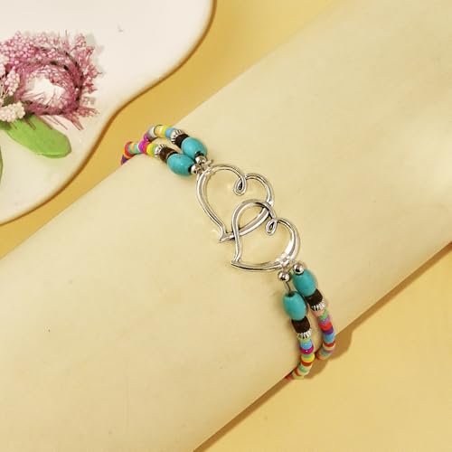 Image of Elastic Beaded Ankle Bracelets for Women Double Heart Layered Stretch Ankle Bracelets Waterproof Dainty Boho Beaded Anklets for Summer Beach Foot Jewelry