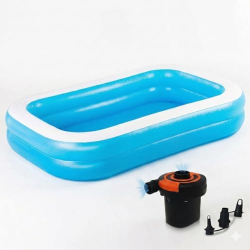Image of NHR Inflatable Swimming Pool for Kids & Adults with Electric Air Pump (6.7 FT / 201x150x51 cm), 450L Capacity Thick PVC Rectangular Family Water Pool for Backyard Outdoor Garden, Blue & White