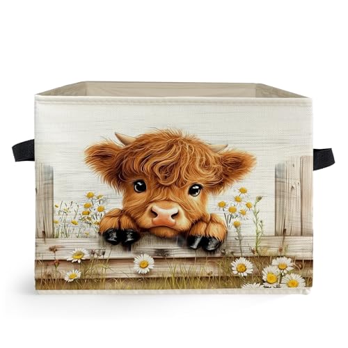 Ghoaoivo Farmhouse Highland Cow Storage Box Bins Rustic Daisy Floral Heifer Collapsible Storage Basket Organizer for Girls Bedroom Laundry Room Home Clothes Books Decor for Room