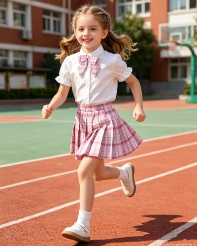 Image of Betusline Girls Skirt Set JK School Uniform 2-Piece Outfit - Short Sleeve Shirt with Bow & Pleated Skirt 4T-14Y