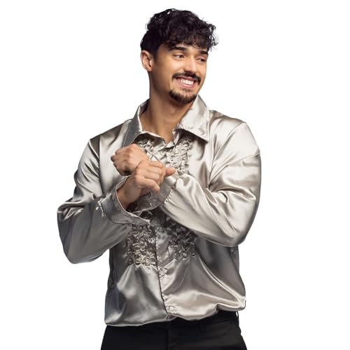 Boland- Disco Hemd mit Rüschen, Silber, für Herren, Kostüm, Party Shirt,...
