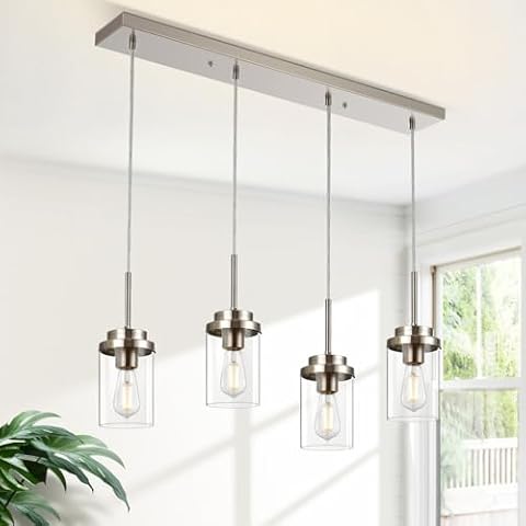 Mlihove Island Lights for Kitchen, 4-Light Dining Room Light Fixtures, Modern Chandeliers for Dining Rooms Over Table Brushed Nickel Pendant Lights Linear Kitchen Island with Clear Glass Shade Cover