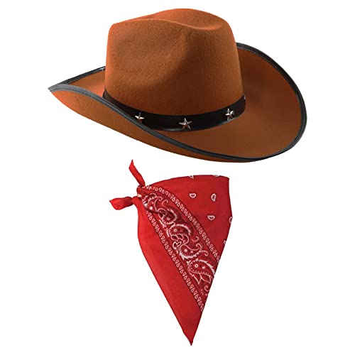 Adults Cowboy Accessory Set - Pack of 1 - Brown Star Studded Cowboy Hat and Red Paisley Bandana - Wild West Western Sheriff Fancy Dress Costume Accessory Set