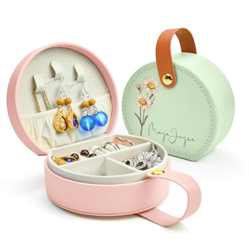 Personalized Leather Travel Jewelry Box with Name and Birth Flower for Women Gifts Custom Small Travel Jewelry Organizer Case Bridesmaid Proposal Gifts, Personalized Gifts for Women (Birth Flower)