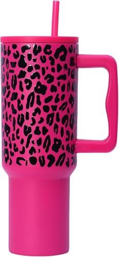 WOLKKAM40オンスのヒョウ柄304ステンレススチール製魔法瓶カップ、大容量、携帯用ストロー付き (D)