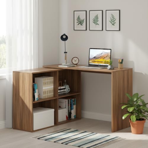Image of FURNEASER Maggen Engineered Wood Study Table, Workstation, Rotatable Computer Laptop, WFH Office Desk Gaming Table with Storage, Large (Exotic Teak)