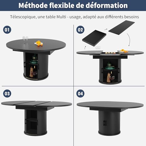 Table de cuisine avec rangement et plateau modulable 6 personnes noire