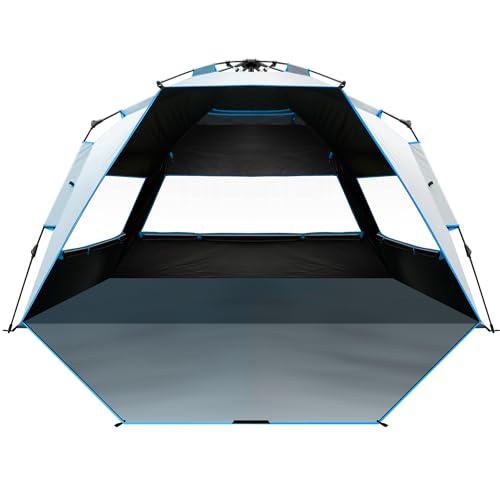 OutdoorMaster Beach Tent with Blackout Shelter Technology, Portable Sun Shade Shelter 4 Person, Pop Up Beach Tents with UPF 50+ UV Protection, 9.5mm Thick Pole, 3 Ventilating Mesh Windows