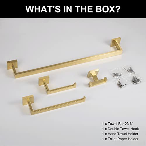 4-Piece Brushed Gold Bathroom Hardware Accessories Set, Lava Odoro Towel Bar Set Stainless Steel Wall Mount, Include 23.6 Inch Towel Bar, 10.6 Inch Towel Bar, Double Towel Hook, Toilet Paper Holder #TOP6