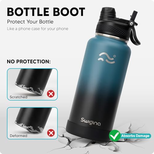 Image of Swigina [2-IN-1 LID] Insulated Water Bottle with Silicone Boot (36hrs Cold /18hrs Hot) - DIY Stickers, Leakproof, BPA Free, 32 oz