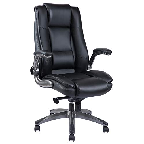 High Back Office Chair - Adjustable Flip-Up Arms Ergonomic Bonded Leather Computer Desk Executive Chair, Double Padded Backrest Seat Cushion & 360 Degree Rotation for Office Workers & Student