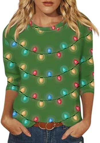 Retro Women's Christmas 3/4 Length Sleeve Tops Merry Funny Snowman T Shirt Crewneck Cute Holiday Tee